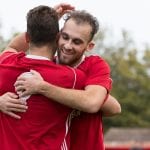 Liam Ferdinand celebrates scoring for Bracknell Town. Photo: Richard Claypole.