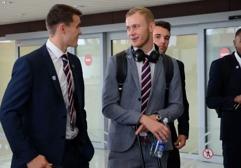 Sam Barratt with England C at the airport. Photo: David Loveday.