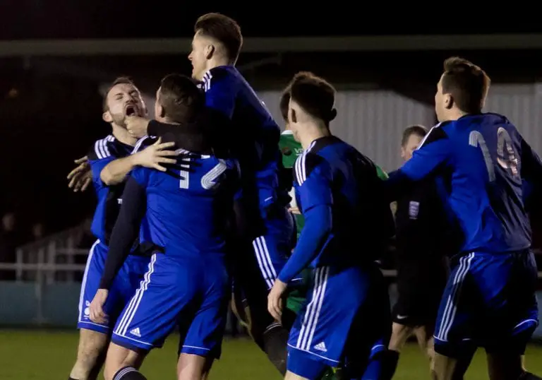 Bracknell Town players celebrate TJ Bohane's injury time FA Vase equaliser. Photo: Richard Claypole.