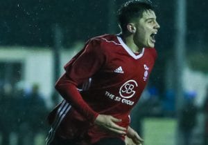 Seb Bowerman celebrates against Coleshill Town. Photo: Neil Graham.