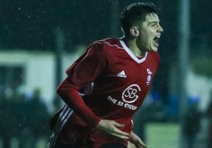 Seb Bowerman scores for Bracknell Town in the FA Vase. Photo: Neil Graham.