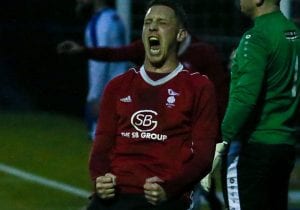 TJ Bohane celebrates against Coleshill Town. Photo: Neil Graham.