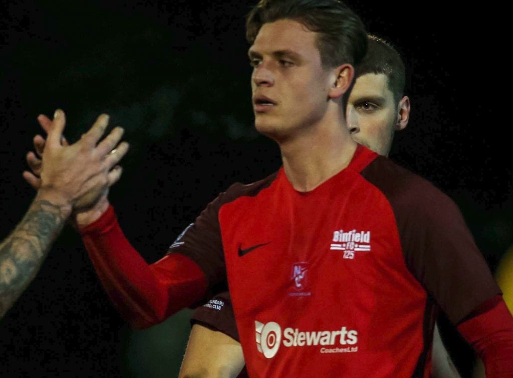 Sean Moore celebrates scoring for Binfield FC in the Floodlit Cup Semi Final. Photo: Neil Graham.