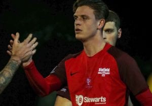 Sean Moore celebrates scoring for Binfield FC in the Floodlit Cup Semi Final. Photo: Neil Graham.