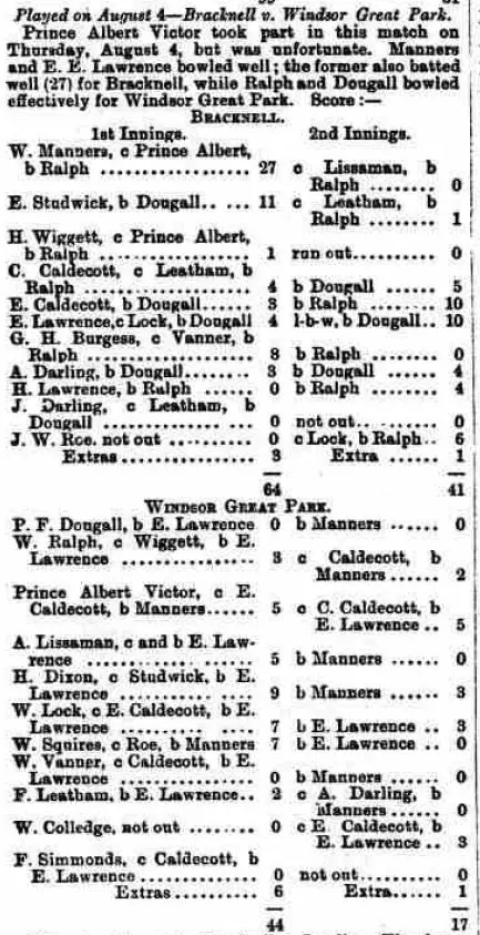 4th August 1887 Scorecard from Bracknell Cricket Club vs Windsor Great Park