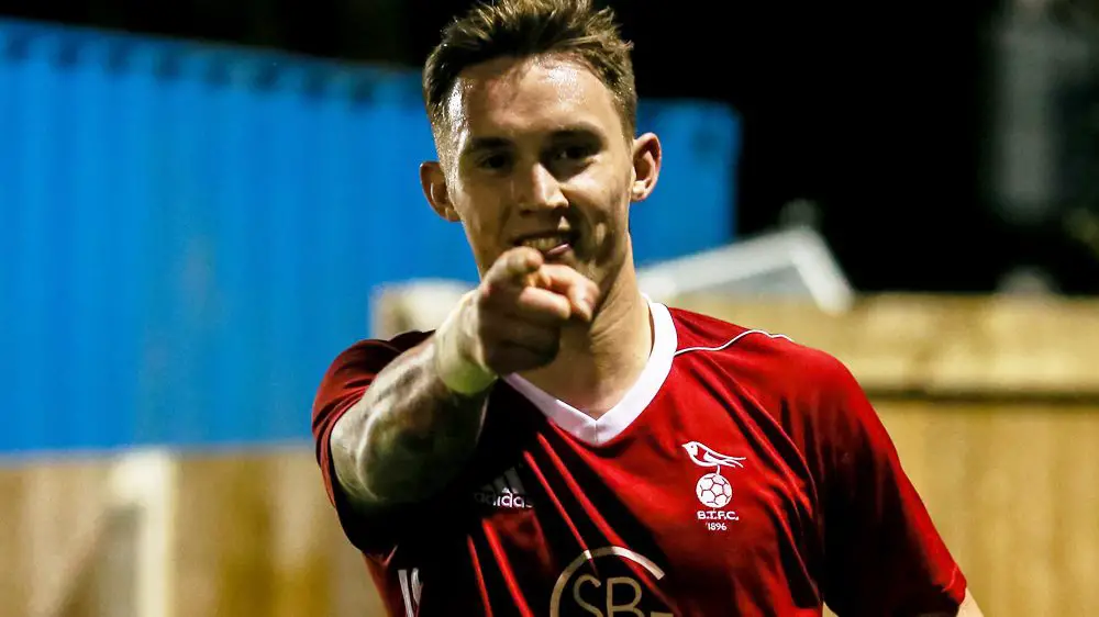 Joe Grant celebrates scoring for Bracknell Town FC. Photo: Neil Graham.