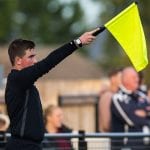 Ollie Kaya gives an offside at Larges Lane. Photo: Richard Claypole.