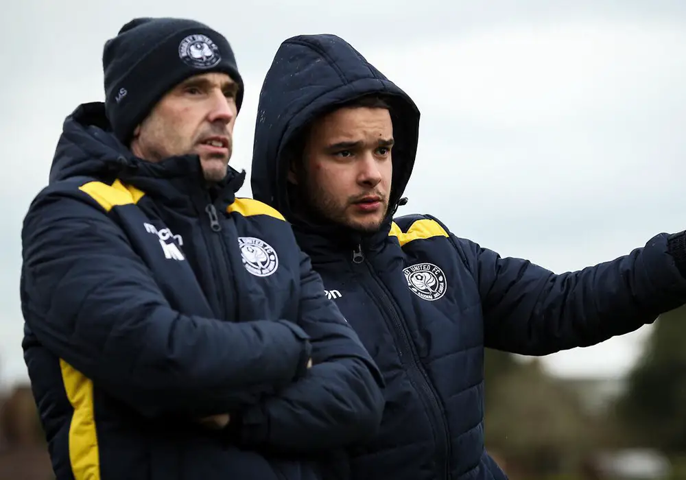Marc Surtees and Nuno Antunes - Woodley United Ladies management team. Photo: Neil Graham.
