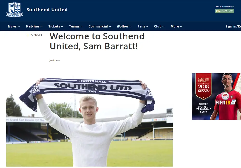 Sam Barratt unvelied at Southend United.