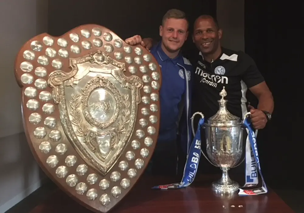 Thatcham Town's Shane Cooper-Clark and Keith Pennicott-Bowen with the FA Vase.
