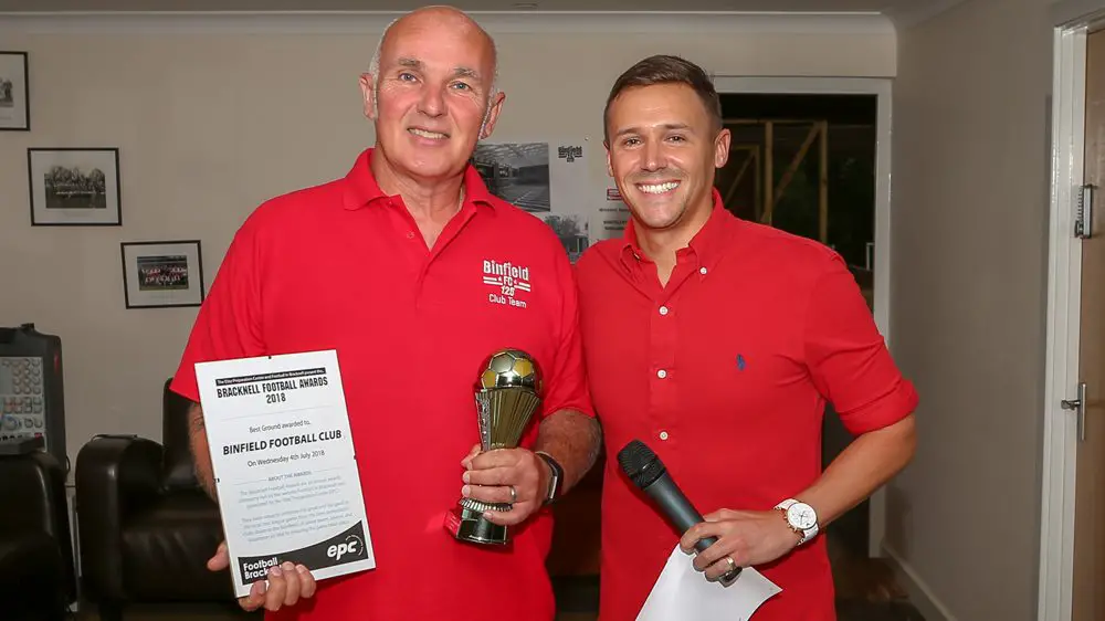 Binfield chairman Bob Bacon accepts his Football in Bracknell Award for Best Ground. Photo: Neil Graham