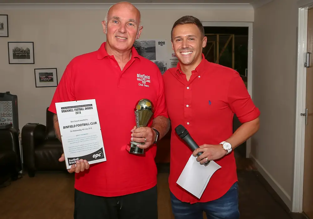 Binfield chairman Bob Bacon accepts his Football in Bracknell Award for Best Ground. Photo: Neil Graham