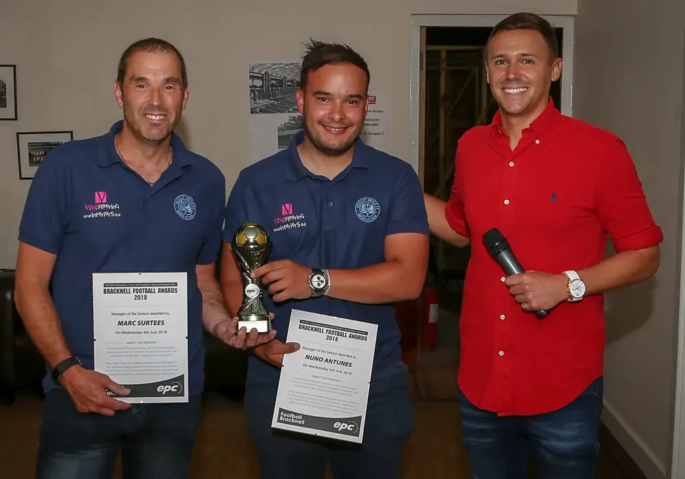 Marc Surtees and Nuno Antunes collect their award for manager of the season. Photo: Neil Graham