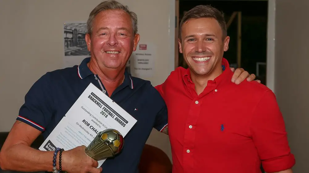 Binfield's Rob Challis accepts his award for Outstanding Contribution to Local Football. Photo: Neil Graham