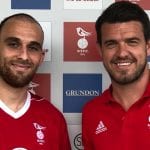 Liam Ferdinand (left with Carl Davies) re-signs for Bracknell Town. Photo: Bracknell Town FC