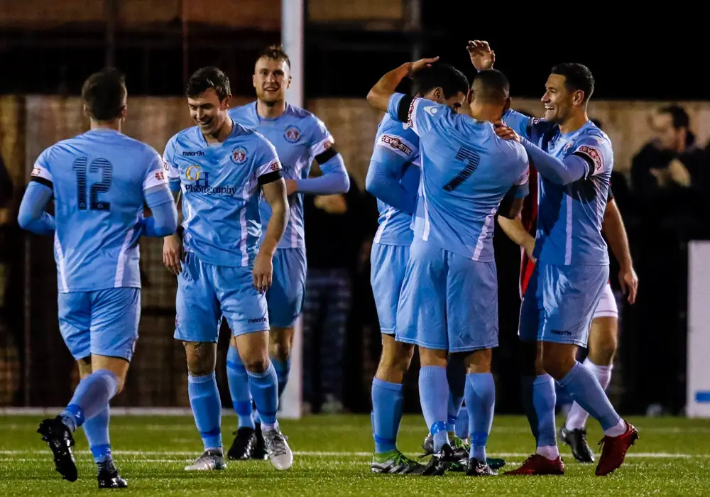 Slough Town celebrate in the County Cup at Bracknell Town. Photo: Neil Graham.