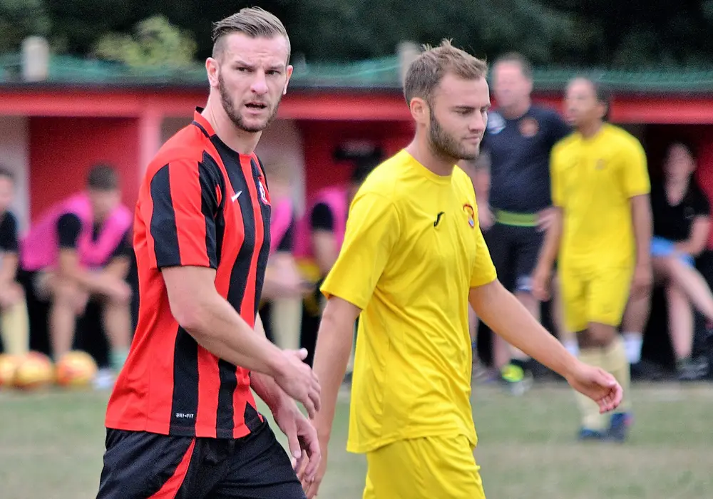 Sandhuirst Town's Sam Green in the FA Cup against Lymington Town. Photo: Hopping Around Hampshire.