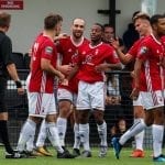 Bracknell Town striker Liam Ferdinand celebrates a goal. Photo: Neil Graham.