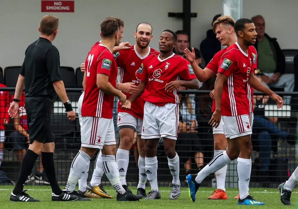 Bracknell Town striker Liam Ferdinand celebrates a goal. Photo: Neil Graham.