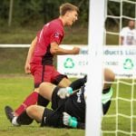 Eddie Lee scores for Binfield in the FA Cup. Photo: Neil Graham.