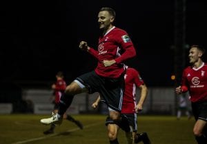 Bracknell Town's Adam Cornell celebrates scoring against Bognor Regis Town. Photo: Neil Graham.