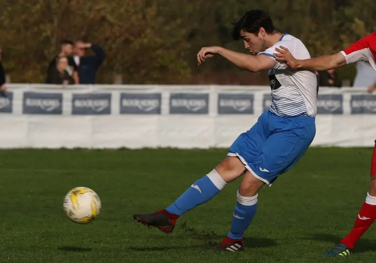 Arran Rowland's shot on target. Photo: Richard Milam.