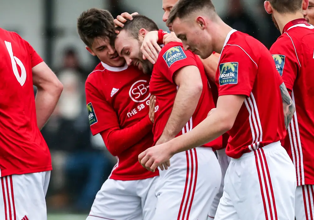 Jamie McClurg celebrates after scoring in the FA Trophy. Photo: Neil Graham.