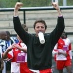 Gavin Smith celebrates after Bracknell Town's win at Tooting & Mitcham United in 2003. Photo: Richard Claypole.