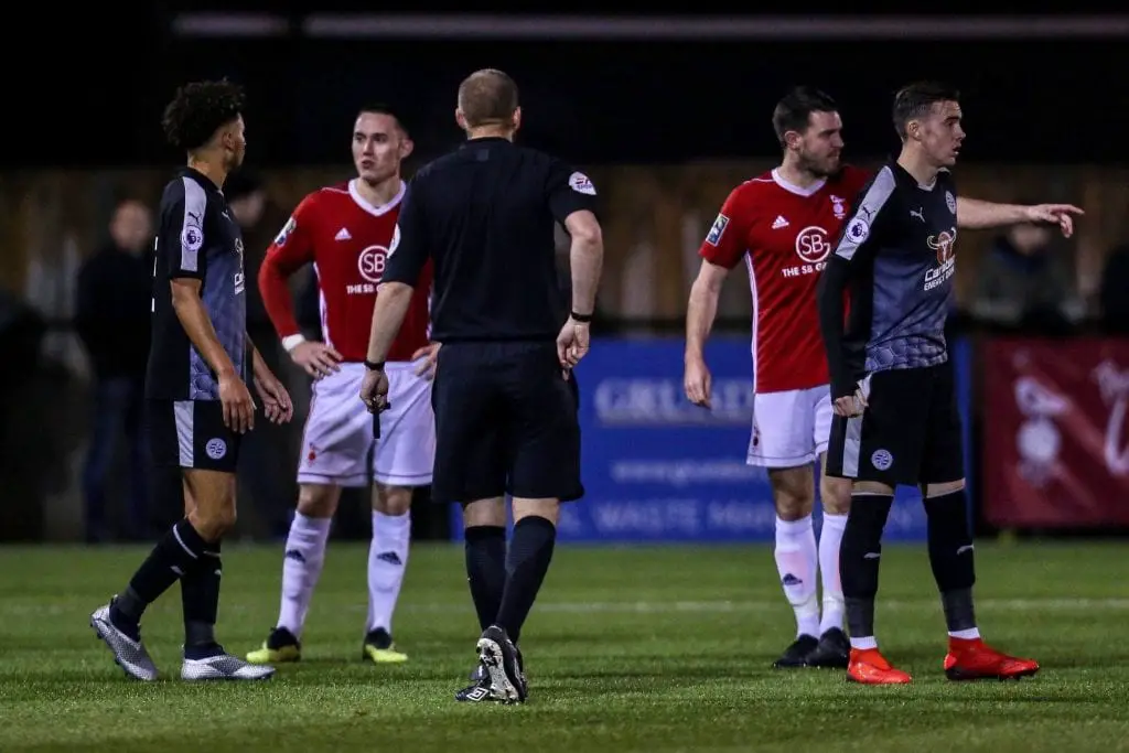 Kit clash in 2018. Bracknell Town vs Reading FC - the Royals and the referee both in black. Photo: Neil Graham.