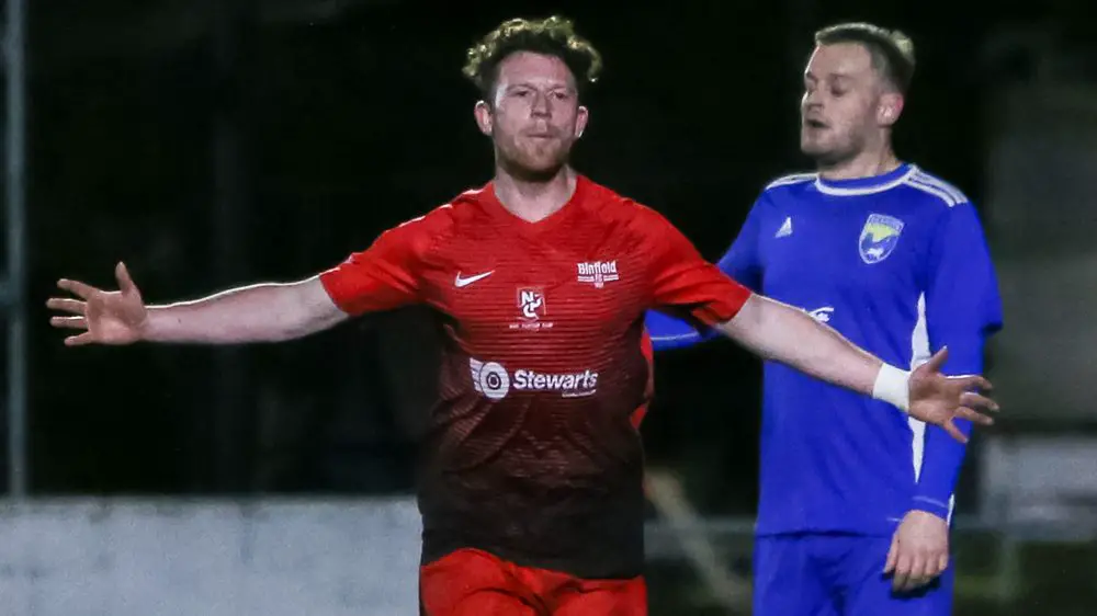 Danny Horscroft celebrates for Binfield FC. Photo: Neil Graham.
