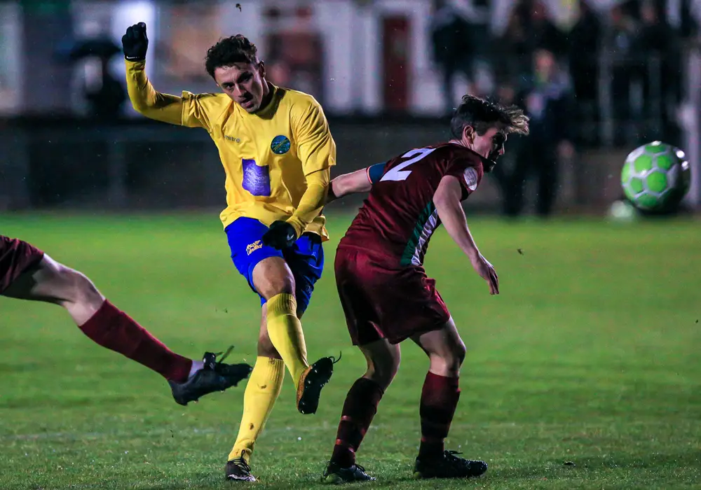 Nathan Minhas scores for Ascot United. Photo: Rob Mack/Shooting Stars