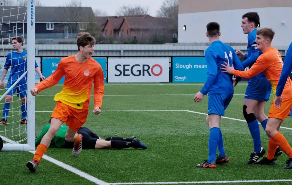 Ben Mulley scores for Berks & Bucks FA. Photo: Mike Swift/Slough Observer.