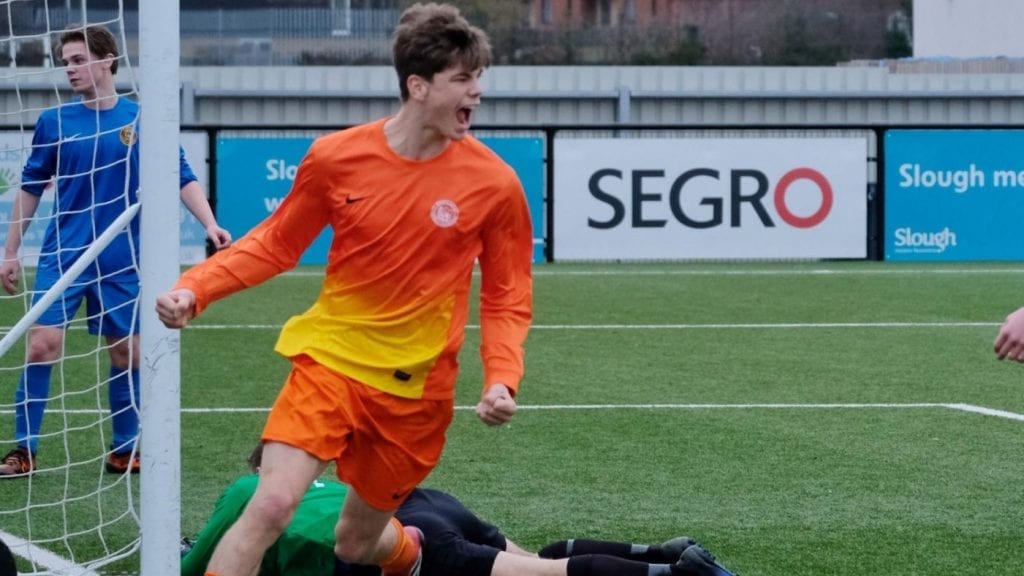 Ben Mulley scores for Berks & Bucks FA. Photo: Mike Swift/Slough Observer.