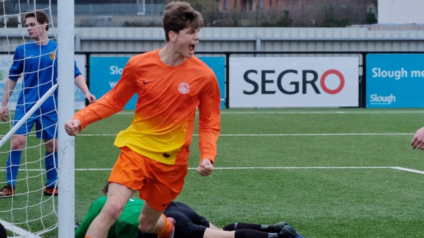 Ben Mulley scores for Berks & Bucks FA. Photo: Mike Swift/Slough Observer.