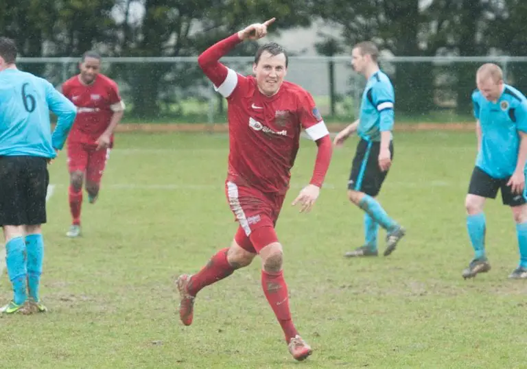 Carl Withers scores for Binfield in 2013 at Ardley United. Photo: Colin Byers.