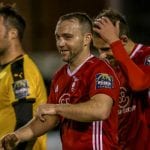 Jamie McClurg all smiles after Bracknell Town beat Folkestone Invicta. Photo: Neil Graham.