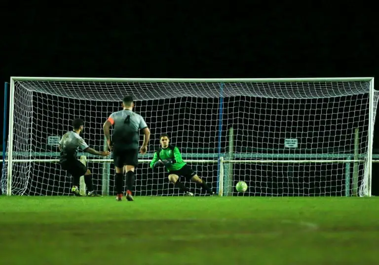 Shrivenham score a decisive penalty at Ascot United. Photo: Rob Mack/Shooting Stars