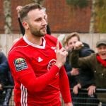 Adam Cornell celebrates scoring for Bracknell Town. Photo: Neil Graham.