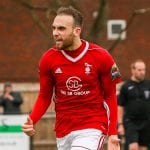 Liam Ferdinand celebrates scoring for Bracknell Town. Photo: Neil Graham.