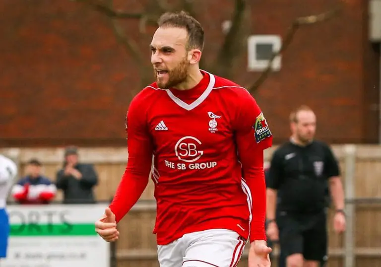 Liam Ferdinand celebrates scoring for Bracknell Town. Photo: Neil Graham.