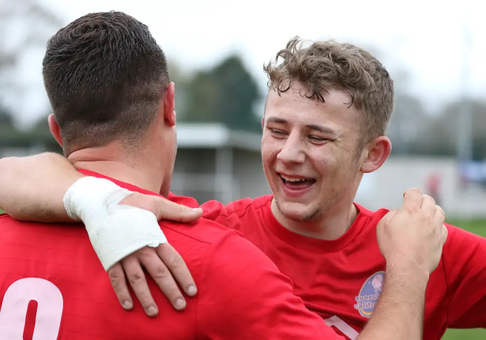 Ross McKernan and Jordan Goater celebrate for Eversley & California. Photo: Richard Milam.