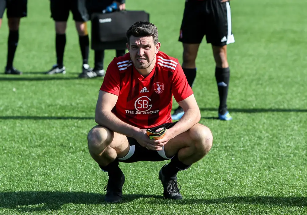 Carl Davies at the play off final, final whistle. Photo: Neil Graham.