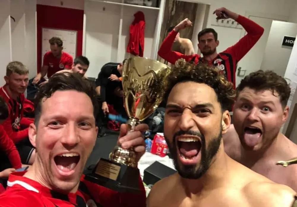 Finchampstead Athletic Sunday lift the cup. Photo: Supplied by Luke Axton-Hall.