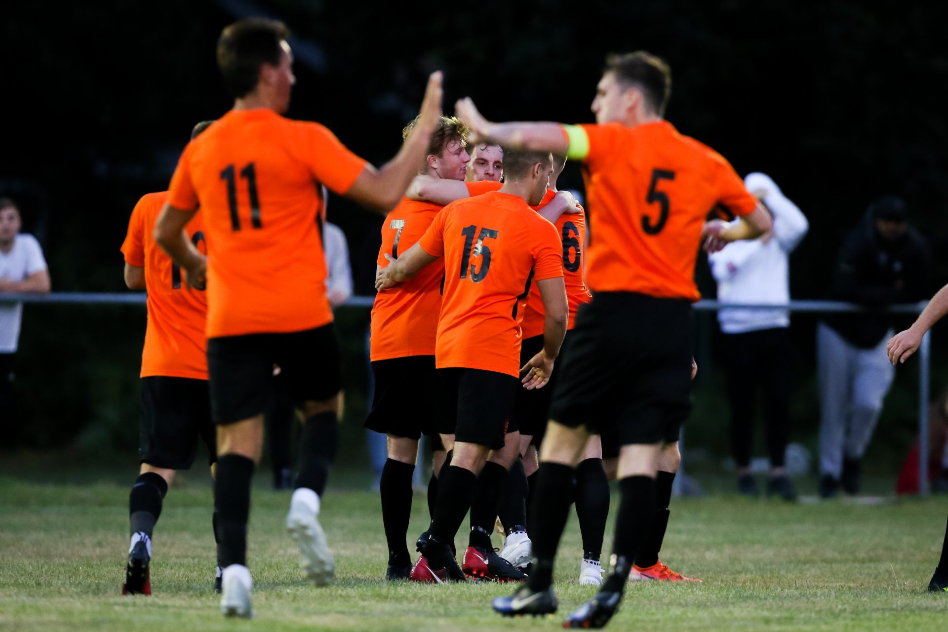 The Wokingham & Emmbrook first goal at Lowther Road celebrated. Photo: Neil Graham / ngsportsphotography.com