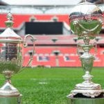 The Buildbase FA Vase and FA Trophy at Wembley Stadium.