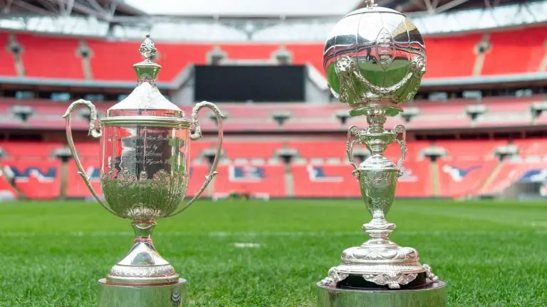 The Buildbase FA Vase and FA Trophy at Wembley Stadium.