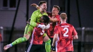 Cropped Bracknell Town goalkeeper Mark Scott celebrates scoring.jpg