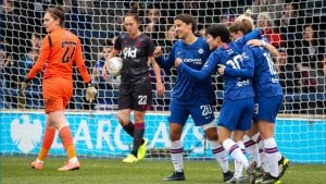 Sam Kerr celebrates with Chelsea team mates