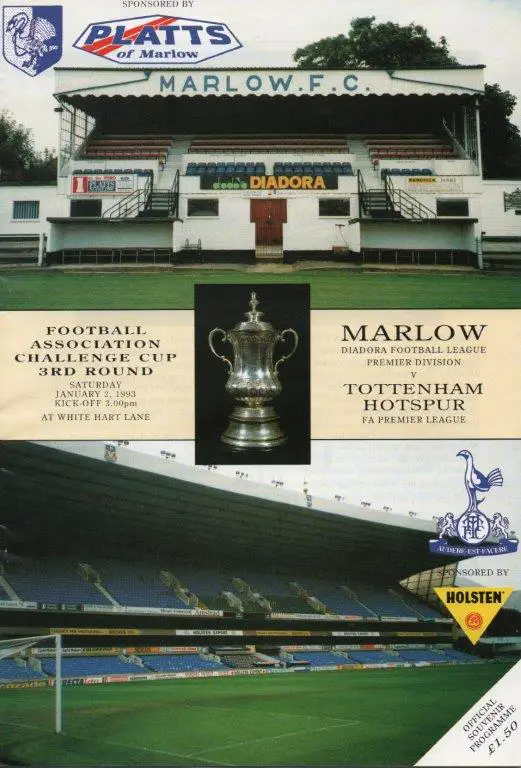 Programme cover for the Marlow vs Tottenham Hotspur FA Cup tie. Photo supplied by Terry Staines.