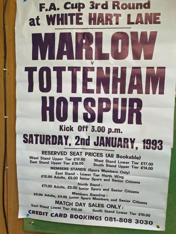 A poster for the Marlow vs Tottenham Hotspur FA Cup tie. Photo supplied by Terry Staines.